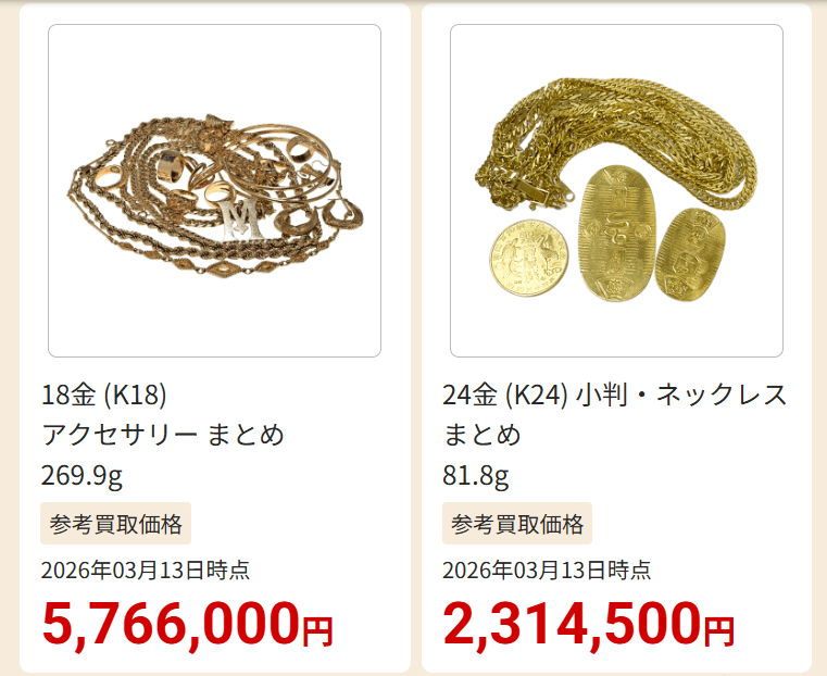 おたからやの金買取価格例
